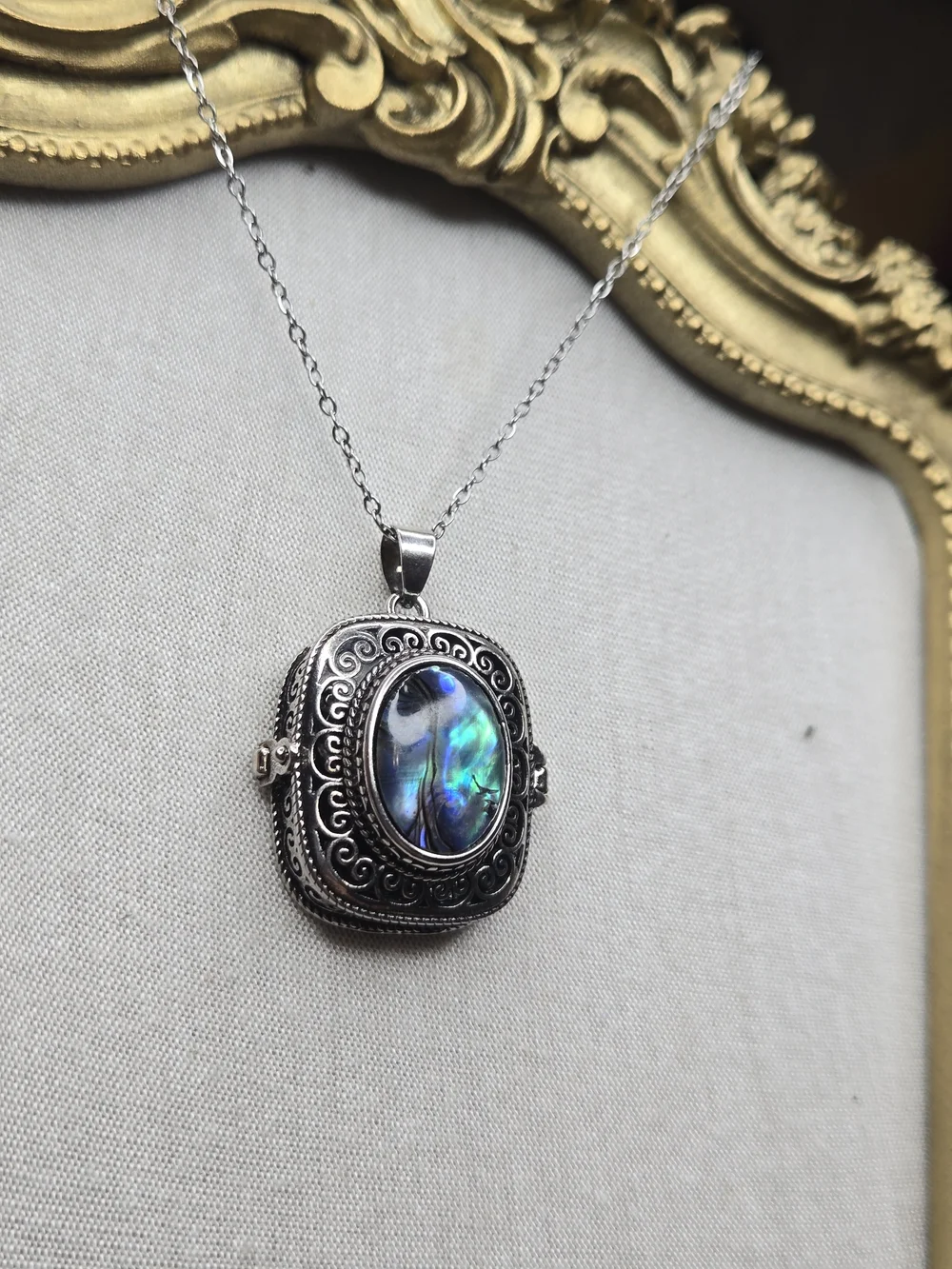 Sterling-Style Silver Locket Necklace with Iridescent Blue Stone